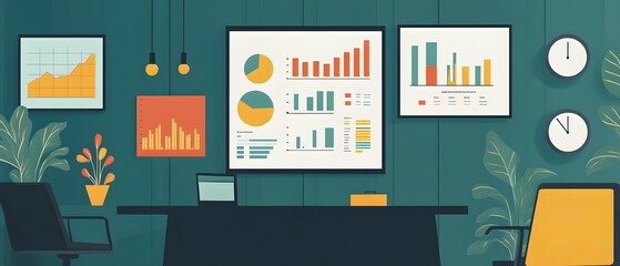 Fototapete - A modern office space with graphs and charts on the walls, designed for work and productivity in a stylish environment.