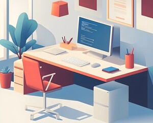 Poster - A modern office workspace featuring a sleek desk, computer, chair, and vibrant plants, perfect for productivity and creativity.