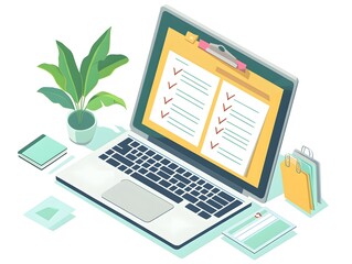 Poster - A modern workspace featuring a laptop, checklist, and decorative plant, perfect for productivity and organization themes.