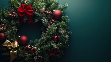 Wall Mural - A festive wreath of evergreen branches adorned with ornaments and ribbons for Christmas celebration preparation