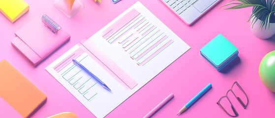 Poster - A vibrant workspace featuring colorful stationery, a laptop, and a notepad, perfect for creative planning and productivity.
