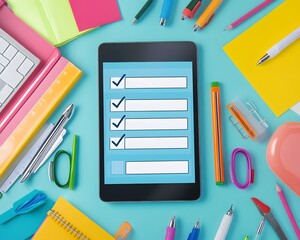 Poster - Colorful workspace with tablet checklist surrounded by office supplies, perfect for organization and productivity concepts.
