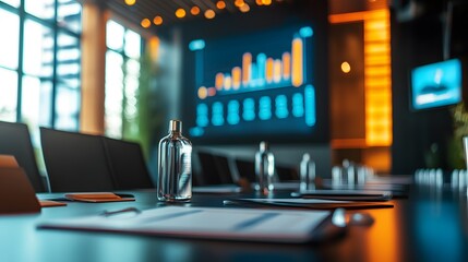 Fototapete - Modern conference room with glass water bottles and dynamic presentation screen showcasing business growth charts.