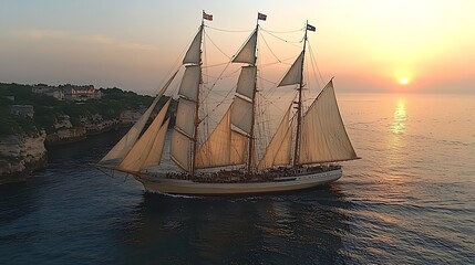 Wall Mural - Majestic Sailing Ship Gliding Across Crystal Waters