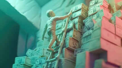 Poster - AI-crafted clay human climbing toward stacks of money at the top of a ladder, a vision of business achievement and wealth