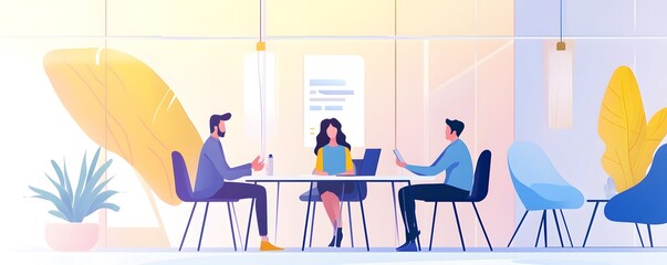 Poster - Three professionals engage in a modern meeting at a stylish workspace, fostering collaboration and creativity.
