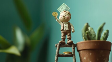 Poster - AI-designed clay character on a success ladder with money at the top, symbolizing ambition, progress, and business goals
