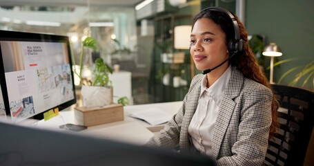 Poster - Woman, call center and smile by computer at night, headphones and advice for business growth in office. Person, agent and consultant with voip, contact or review strategy with service at workplace