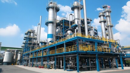 Wall Mural - A large industrial facility with tall structures and pipes under a clear blue sky.