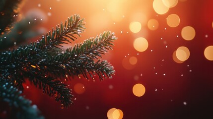 Wall Mural - christmas background with xmas tree and sparkle bokeh lights on red canvas background. merry christm