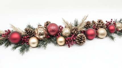 Wall Mural - Christmas garland with red and gold baubles, berries, and pinecones on a white background. PNG transparent.