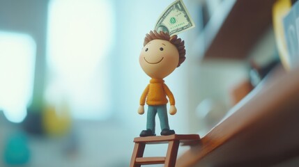 Poster - Clay character formed by AI scaling a financial ladder, with cash at the top, representing business milestones and growth