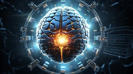 Aufkleber - The Illuminated Mind: A futuristic, abstract concept of a glowing, metallic brain surrounded by a circular, technological framework.