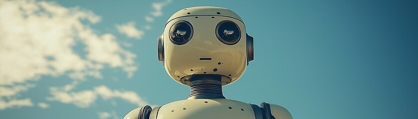 Poster - Futuristic Robot Portrait Against Blue Sky with White Clouds