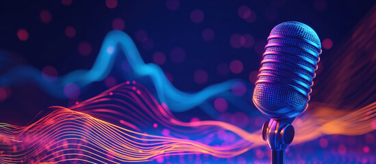Poster - High tech microphone with vibrant sound waves in background, creating energy