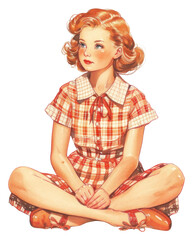 Wall Mural - PNG Vintage illustration of cute girl Sitting cross-legged drawing sitting style.