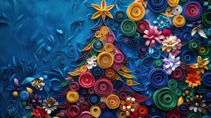 handmade christmas tree artwork created with colorful paper strips in the craft of paper quilling, depicting a festive holiday season theme