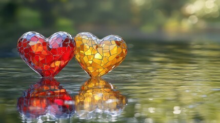 Poster - Colorful Glass Hearts Reflecting on Water Surface