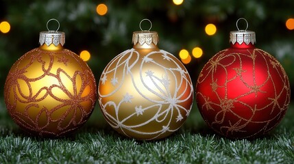 Three beautifully decorated Christmas ornaments in gold and red, set against a blurred background of festive lights and green branches.