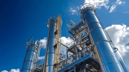 Wall Mural - Industrial facility with tall metallic structures under a blue sky, representing manufacturing processes.