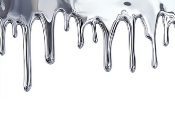 silvery dripping, melting metal on a white background, sticker-like art with simple shapes.