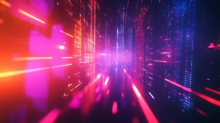 Fototapete - Abstract Cityscape with Neon Lights and Digital Glows