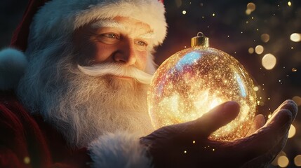 Wall Mural - santa claus holding a luminous christmas ornament