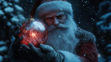Wall Mural - santa claus holding a luminous christmas ornament