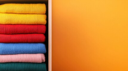 Tidy home decluttering and organizing concept. A vibrant display of colorful yarns stacked neatly in a wooden box against a warm orange background