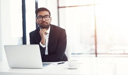Aufkleber - Coffee, laptop and portrait with business man at desk in office for administration or research. Computer, glasses and internet with serious corporate employee in professional workplace for growth