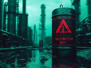 Mysterious industrial site with a warning barrel, surrounded by eerie green lighting and towering structures in the background.