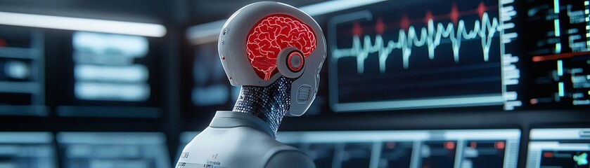 Poster - Futuristic robot with a glowing brain analyzing data, symbolizing the fusion of technology and artificial intelligence in healthcare.