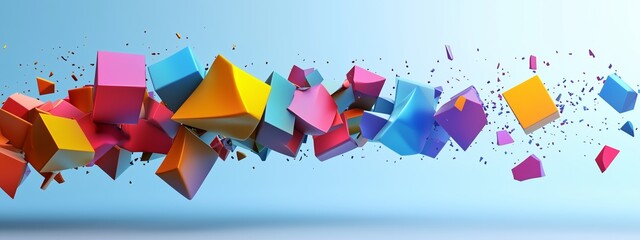 Poster - Colorful abstract blocks exploding against a blue background, creating a dynamic and playful visual effect in digital art