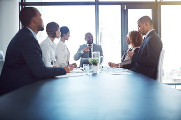 Poster - Business people, collaboration and meeting in boardroom of office for conversation or planning. Corporate, professional and teamwork with employee group in workplace for collaboration or development