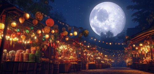 Wall Mural - a beautifully decorated market at night, with twinkling lights and vibrant decorations hanging from 