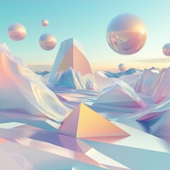 Poster - surreal pastel landscape featuring geometric shapes and floating spheres under a serene sky during s