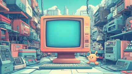 Poster - A retro computer monitor sits in front of a wall of vintage electronics in a futuristic cityscape.