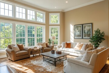 Wall Mural - Beige-themed living area showcasing comfy chairs, a sofa, and a large window that creates a luminous environment