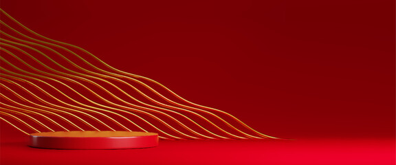Poster - Gold wave and red stage for product background. Premium cosmetic podium with golden curve line texture 3d abstract wallpaper. Chinese presentation with elegant decoration and display stand in studio