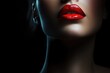 © twilight mist - Close-up of a woman's red lips with glossy finish against a dark background.