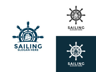 Sailing ship with Steering Wheel vintage logo vector template, Sailing Boat Marine logo design icon