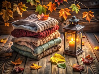 Sticker - Aerial View of a Cozy Knitted Sweater Stack and Lantern on a Rustic Table Surrounded by Autumn Leaves and Warm Lighting for a Perfect Seasonal Atmosphere