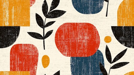 Poster - Colorful Seamless Pattern with Abstract Shapes and Leaves