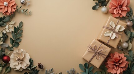 Wall Mural - Zero waste Christmas holiday concept showcased with festive ornaments gifts wrapped in craft paper flowers all elegantly arranged on a beige background for a flat lay copy space image