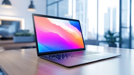 Poster - an office mockup with a sleek laptop against a bright white screen backdrop