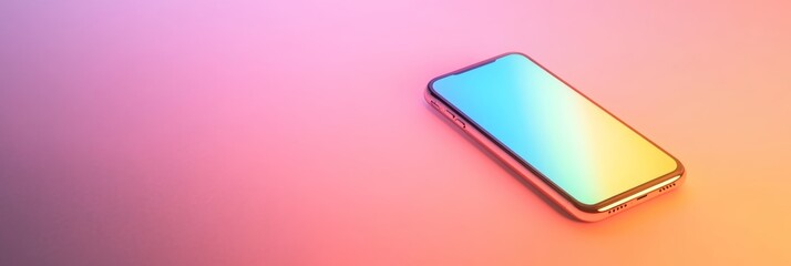 Aufkleber - Modern smartphone with gradient colors on screen laying on surface with pink and orange light, representing mobile technology, apps, and social media marketing
