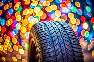 Sticker - Captivating Close-Up of a Tire with Bokeh Effect: Highlighting Texture and Details for Automotive Enthusiasts and Creative Projects