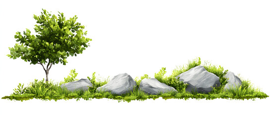 Wall Mural - vector watercolor green tree or meadow with rock side view isolated on white background for landscap