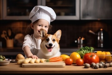 Cute little girl cooking in the kitchen with her dog corgi