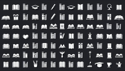 Poster - Set of vector solid icons for a library or reading theme, including books, magazines, journals, authors, and other related elements._00001_
